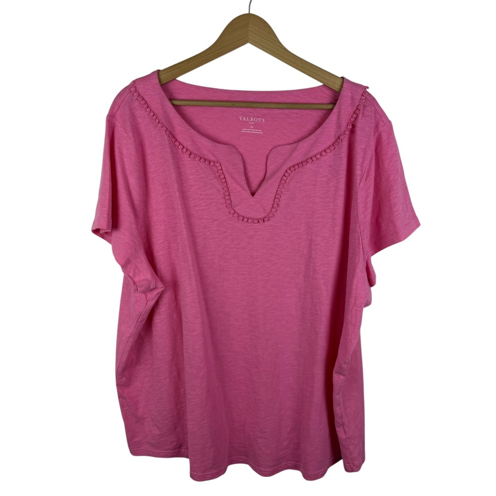 Talbots Pink‎ Pom Trim Knit Tee Size 3X Cotton Stretch Comfy Preppy Lightweight